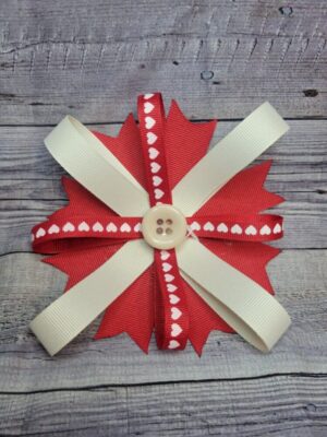 Button Heart, White & Red Burst Bow